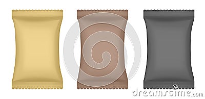 Realistic 3d mockup of a flow pack or sachet. Black, brown and gold pouches Vector Illustration